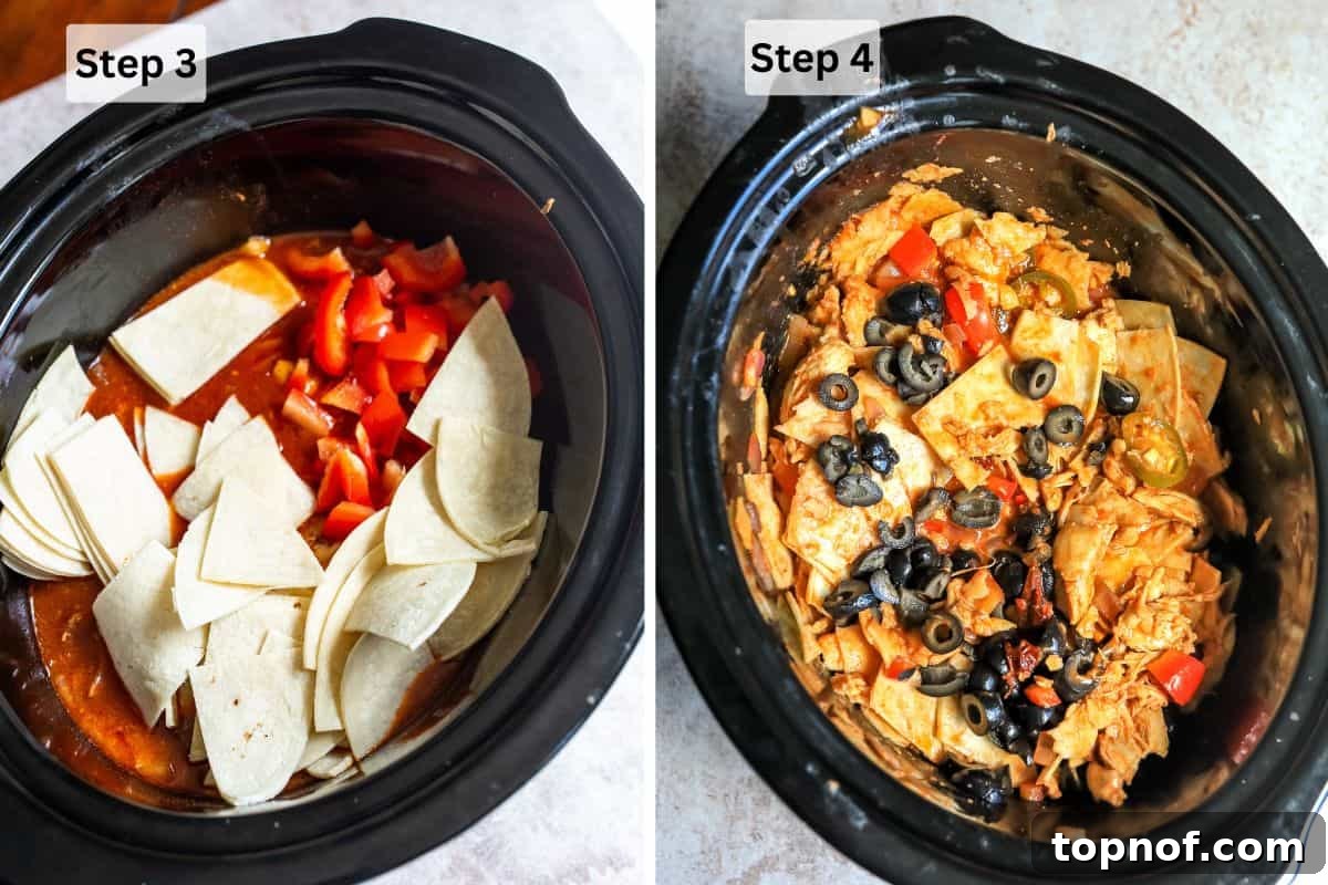 Melt-In-Your-Mouth Slow Cooker Chicken Enchiladas 5 Slow cooker filled with chicken, vegetables, and enchilada sauce before cooking.
