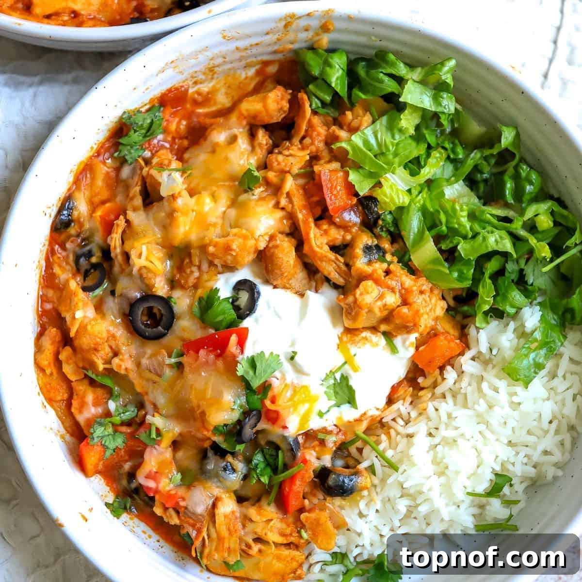 Melt-In-Your-Mouth Slow Cooker Chicken Enchiladas 7 White ceramic bowl with chicken enchiladas cooked in a slow cooker. Rice on the side.
