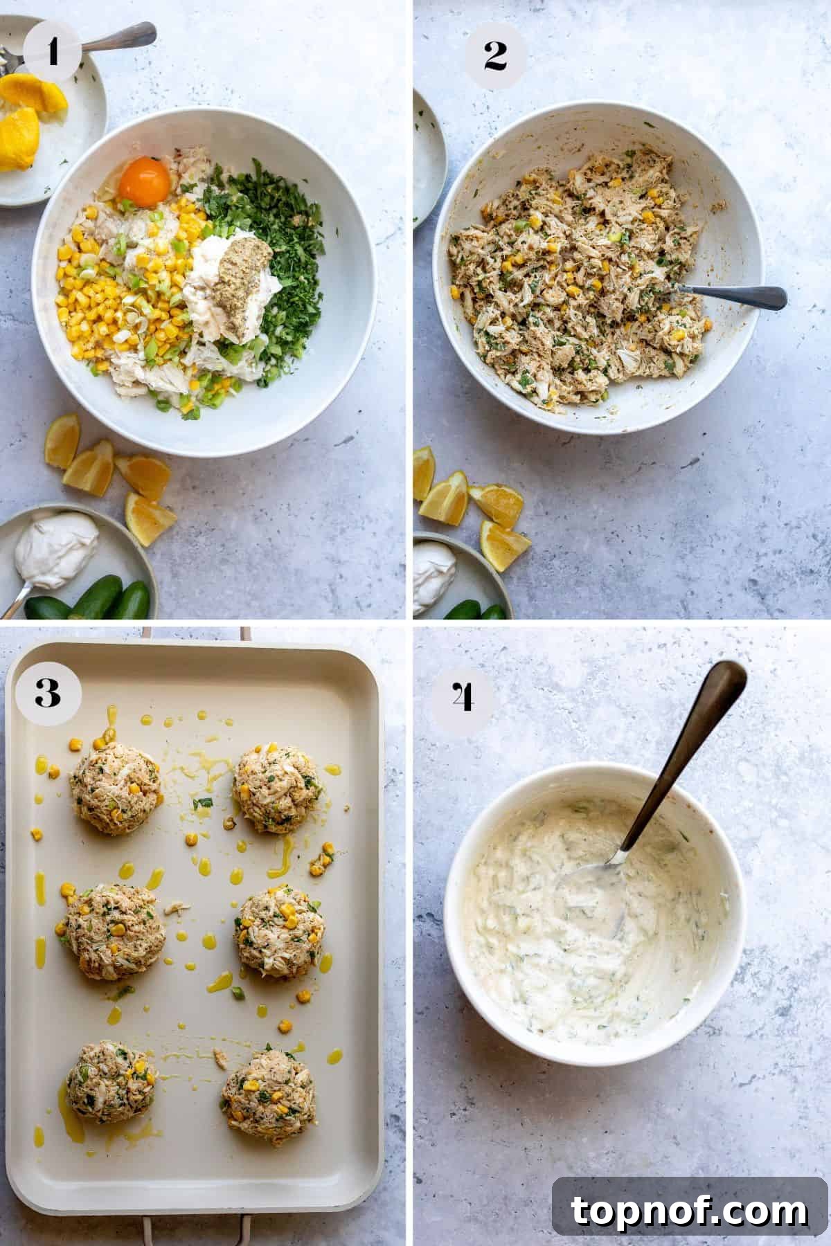 Maryland's Signature Crab Cakes 4 Crab cake mixture in a large white ceramic bowl, with mixing spoons resting on the side, showing the readiness for forming the cakes.