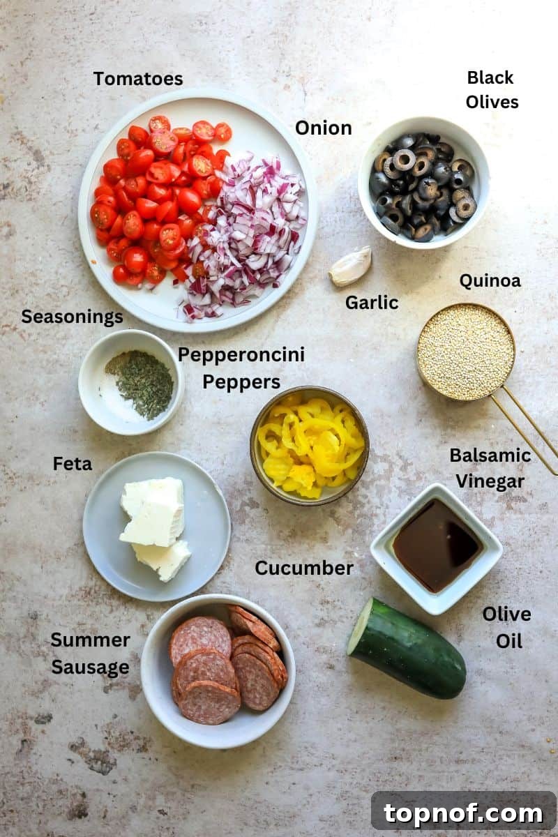 Tuscan Quinoa Medley 3 Ingredients needed to make the Italian quinoa salad, displayed in small bowls and plates on a kitchen counter.