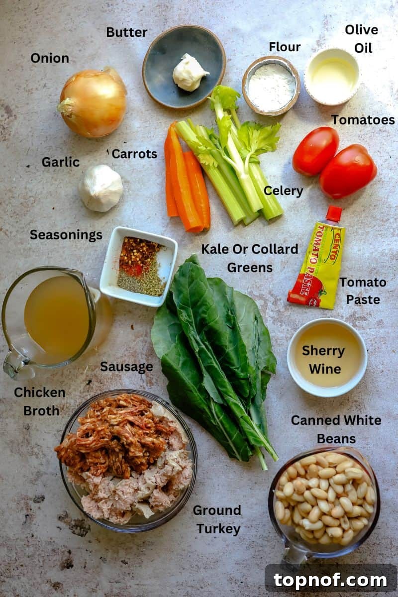 Rustic Tuscan White Bean Stew 3 A curated selection of fresh ingredients laid out on a grey counter, including various small bowls of spices, canned white beans, ground meat, and fresh vegetables, all meticulously arranged and ready for Tuscan white bean soup preparation.