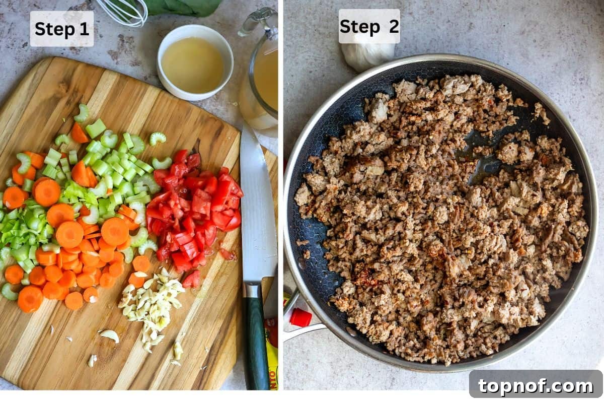 Rustic Tuscan White Bean Stew 4 A sharp chef's knife alongside a cutting board with freshly chopped vegetables, next to a skillet where ground meat is browning, illustrating the initial steps of the Tuscan white bean soup preparation.
