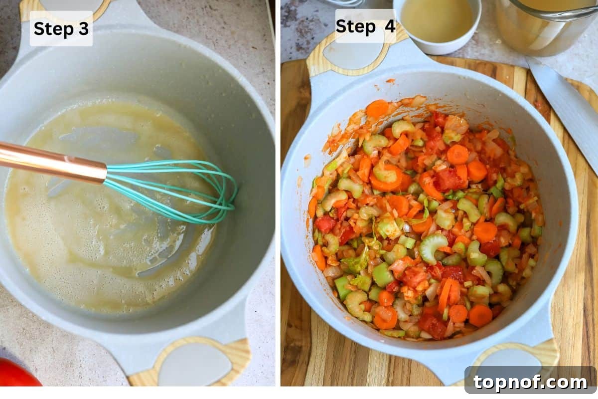 Rustic Tuscan White Bean Stew 5 A grey pot on a stovetop, first showing a golden roux being stirred with a whisk, followed by a vibrant mix of fresh chopped vegetables sautéing in the pot, illustrating the crucial flavor-building steps of the soup.