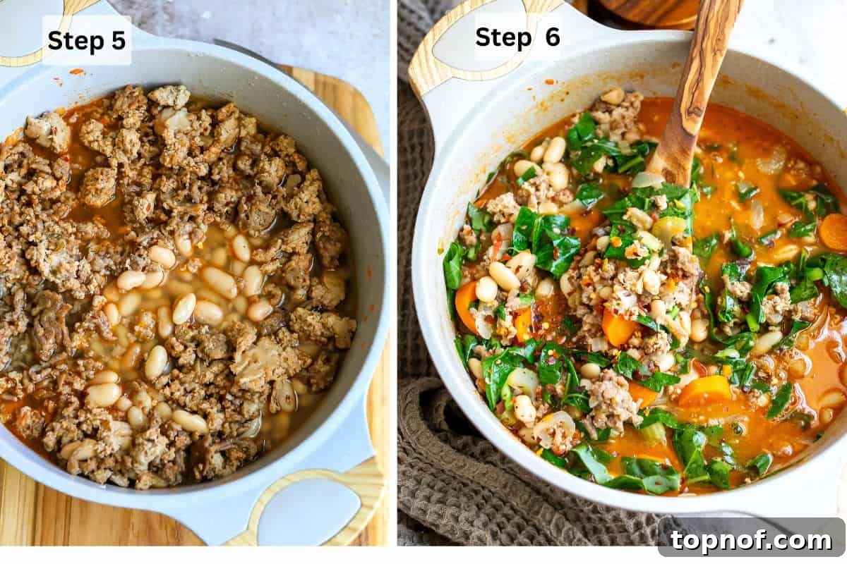 Rustic Tuscan White Bean Stew 6 A grey pot filled with the simmering Tuscan white bean soup, showing a rich blend of browned ground meat, rinsed white beans, and a vibrant vegetable-infused soup base, with a wooden spoon ready to stir.