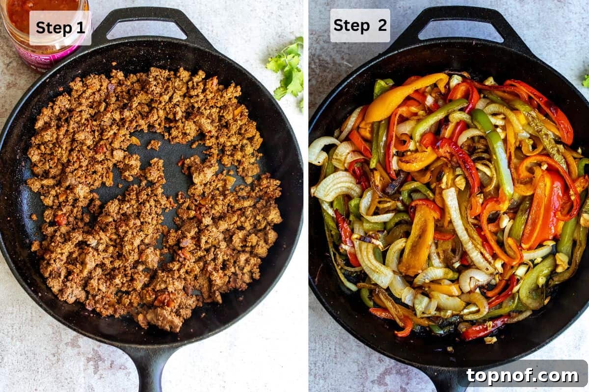 One-Pan Ground Beef Fajitas 4 Close-up of the cooking process in a large skillet, showing ground beef browning with spices before vegetables are added.