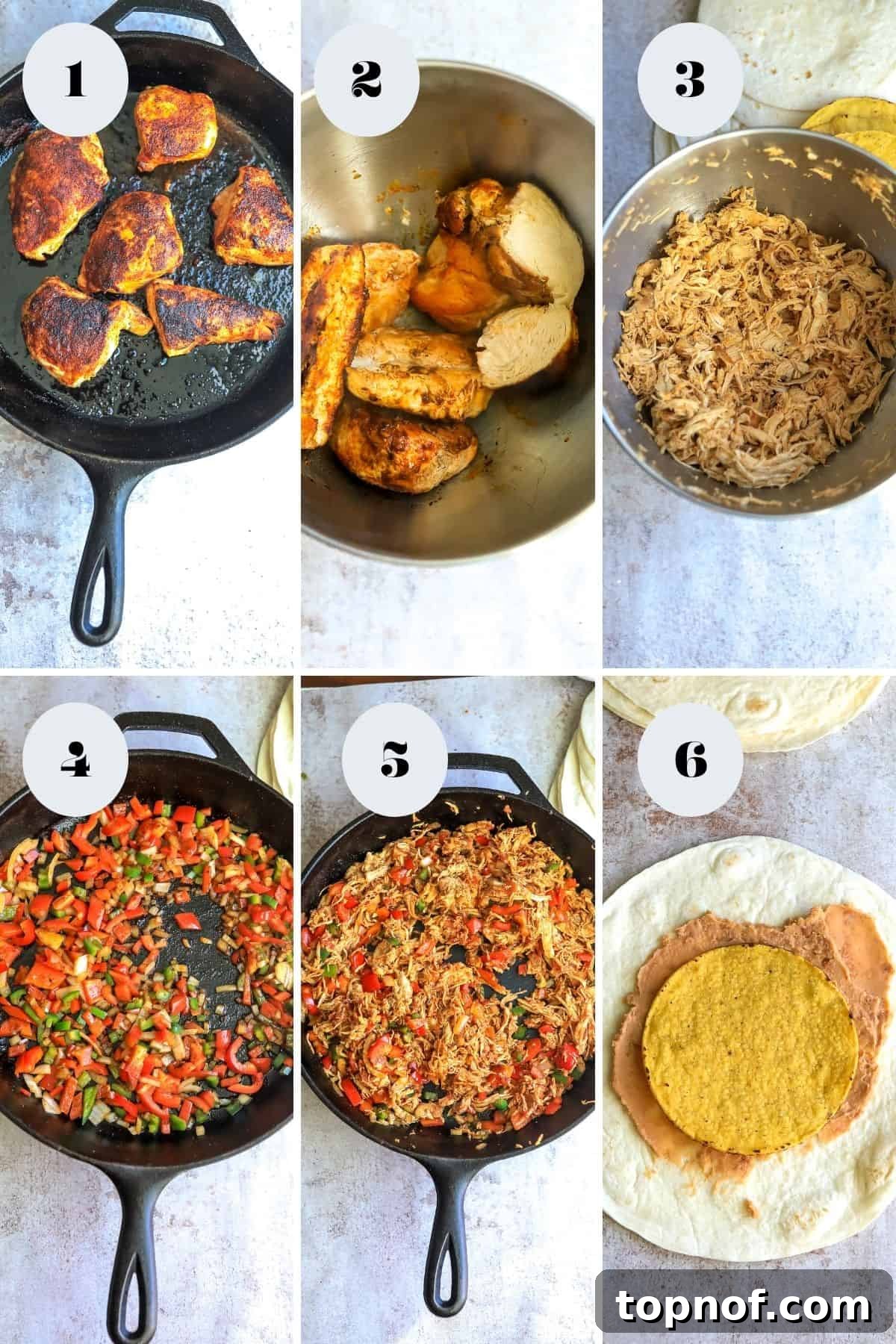 Ultimate Crispy Chicken Wrap 4 A series of images showing the cooking process: chicken cooking in a skillet, shredded chicken in a stand mixer, and vegetables sautéing in the skillet.