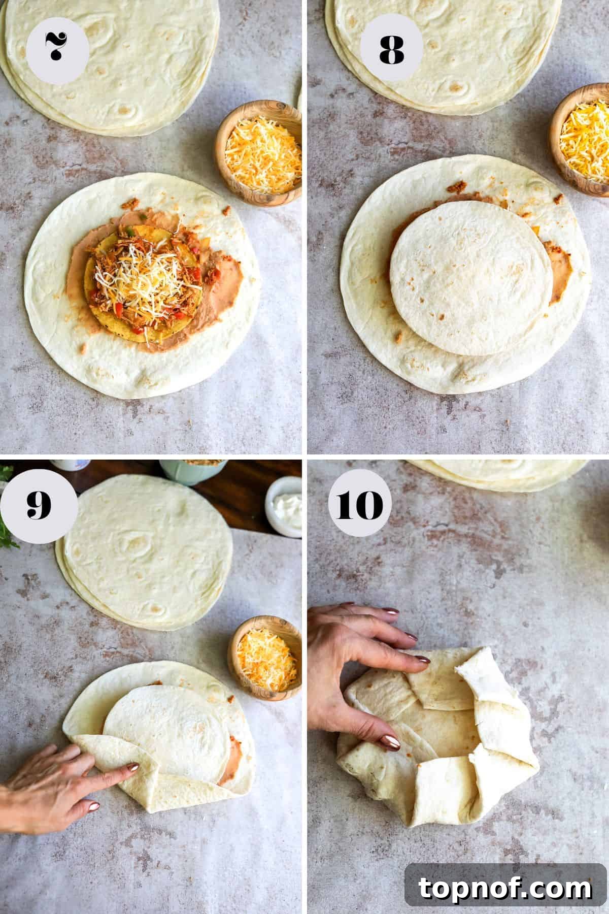 Ultimate Crispy Chicken Wrap 5 A sequence of images showing the layering process of ingredients on tortillas to form a crunch wrap supreme on a grey countertop.