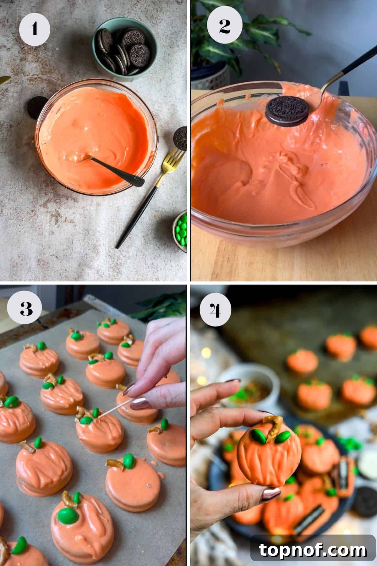 Three progression photos showing the steps of making pumpkin cookies: ingredients prepped, cookies being dipped in orange chocolate, and decorated cookies setting on parchment paper.
