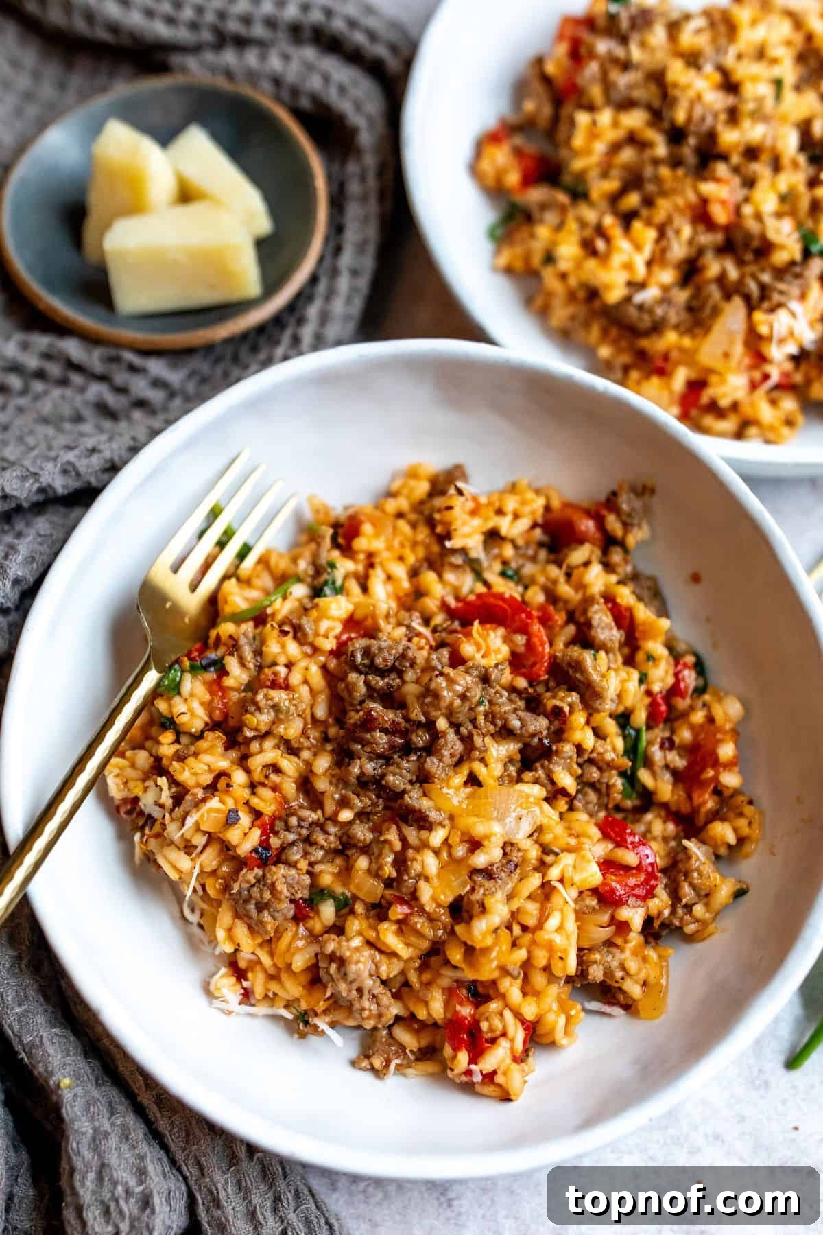 A beautifully plated creamy Italian Sausage Risotto, garnished with fresh tomatoes, served in a white ceramic bowl with a golden fork beside it. The texture is inviting and rich.