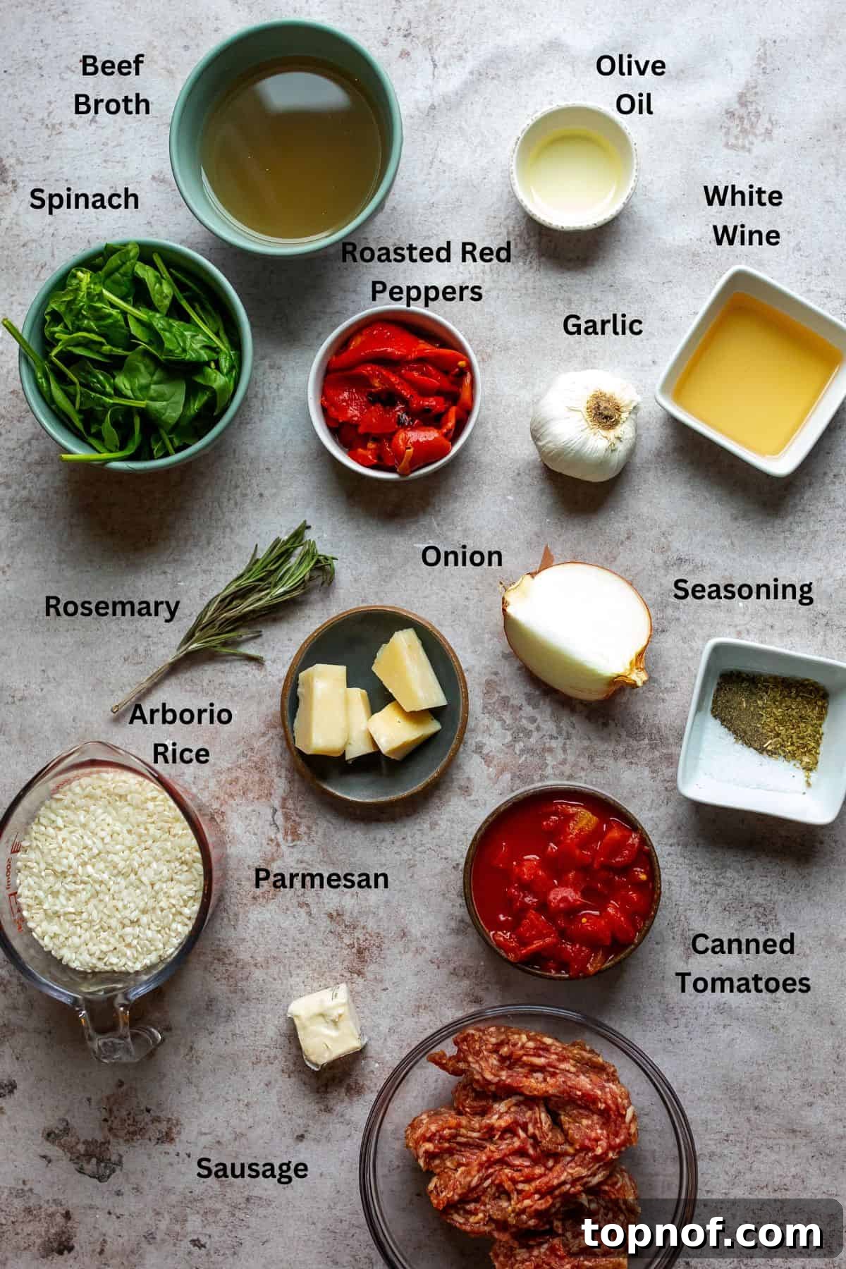 A selection of fresh ingredients and broths laid out in small bowls and plates on a kitchen counter, ready for making risotto.