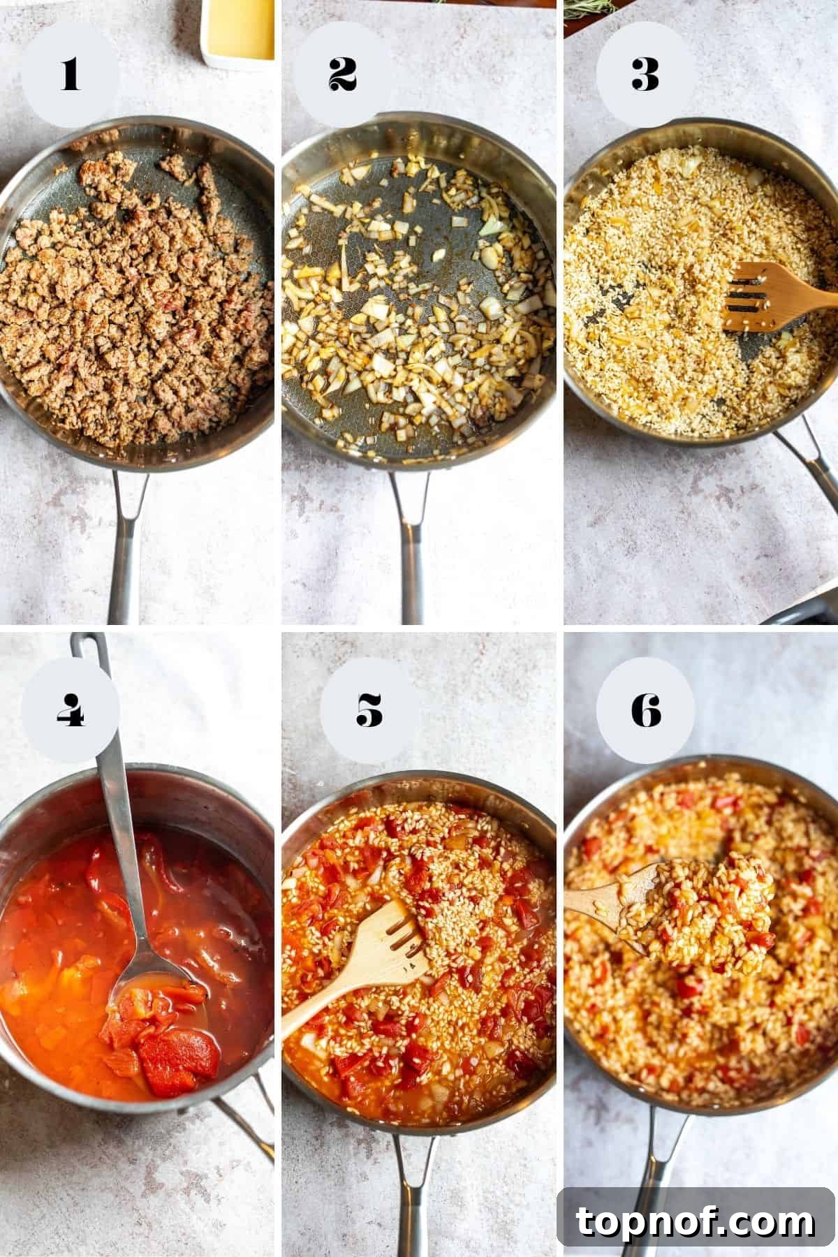 Multiple skillets showing different stages of the Sausage Risotto cooking process, illustrating the transformation of ingredients.