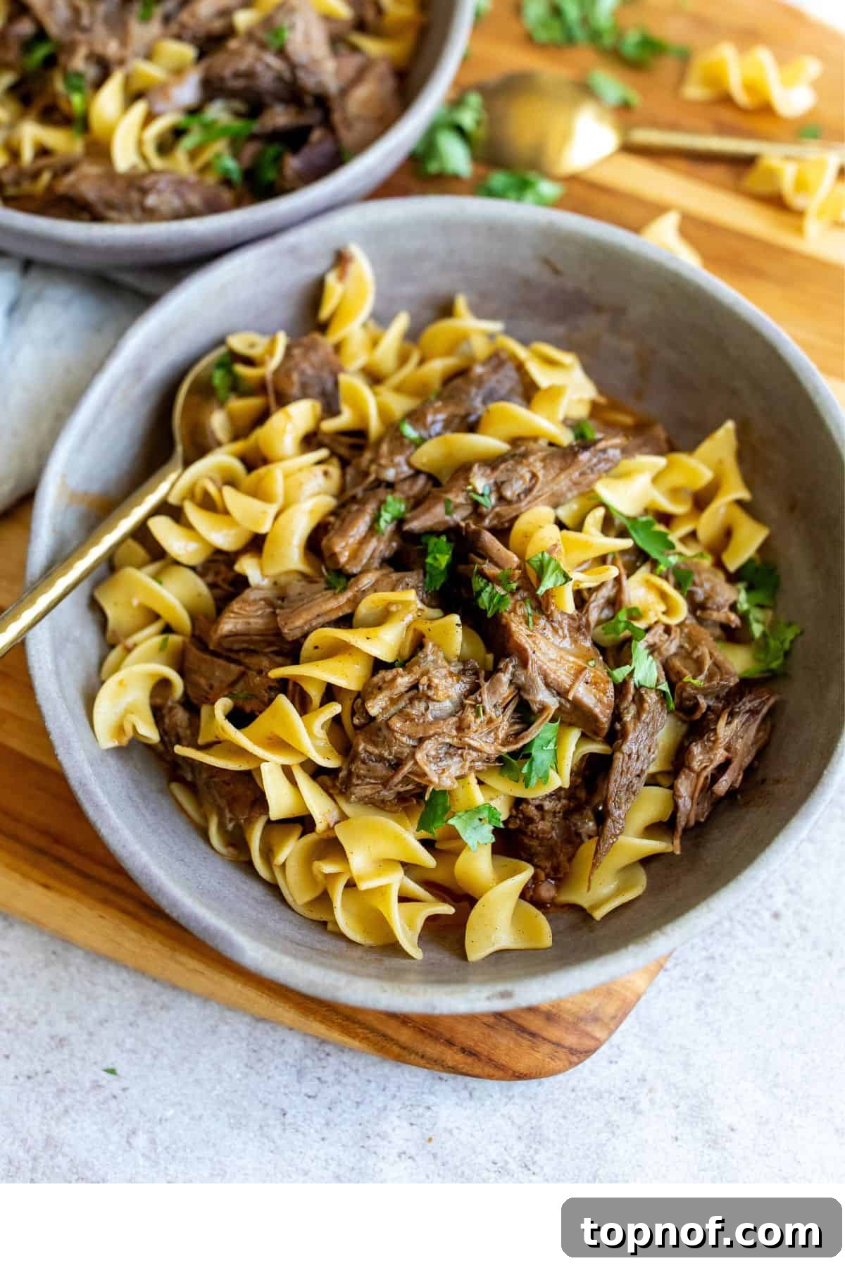 Close-up of two bowls overflowing with tender shredded beef and egg noodles, generously coated in a rich, savory sauce, garnished with fresh parsley.