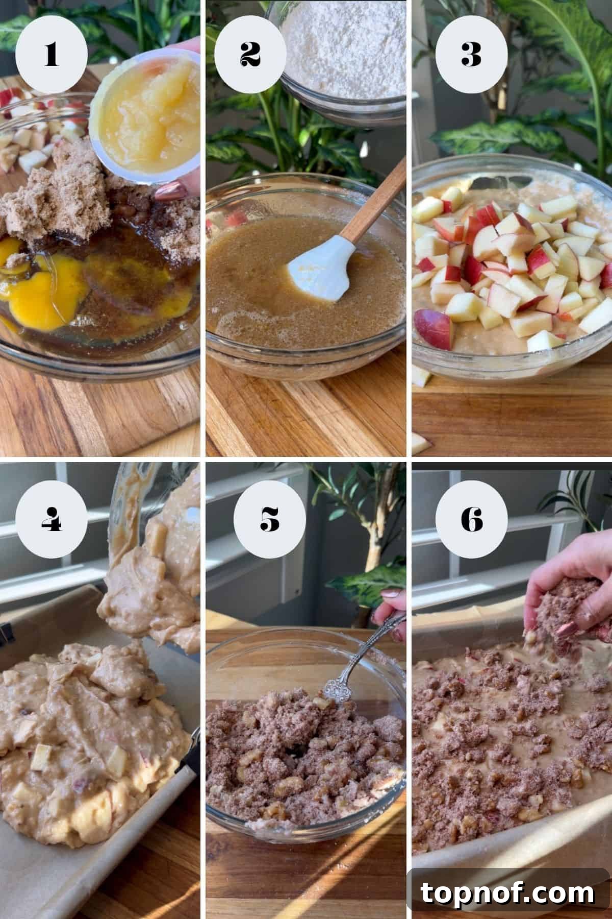 A visual progression of baking an apple cinnamon cake, showing chopped apples, mixing batter, and the cake ready for baking in a pan with its topping.