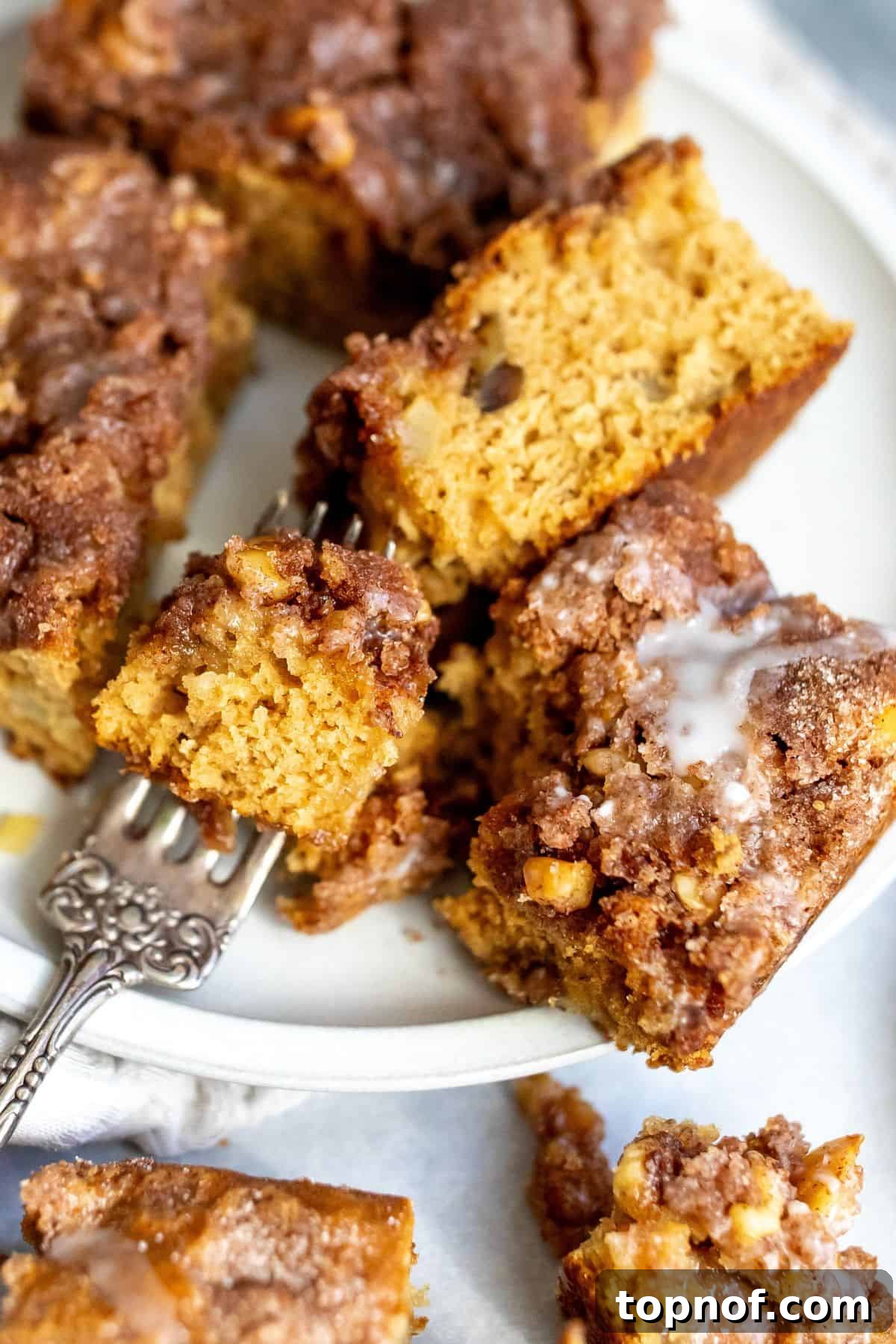 A delectable slice of warm apple cinnamon cake, adorned with its crispy cinnamon sugar topping, resting on a white plate with a silver fork nearby, ready to be enjoyed.