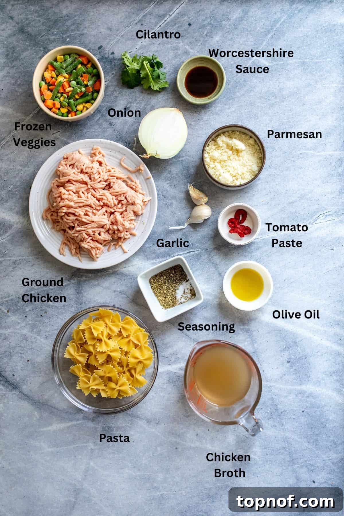 Fresh ingredients laid out on a grey countertop, including ground chicken, chopped onions, garlic, pasta, chicken broth, frozen vegetables, and various seasonings, all perfectly arranged and ready for making the hearty ground chicken soup.
