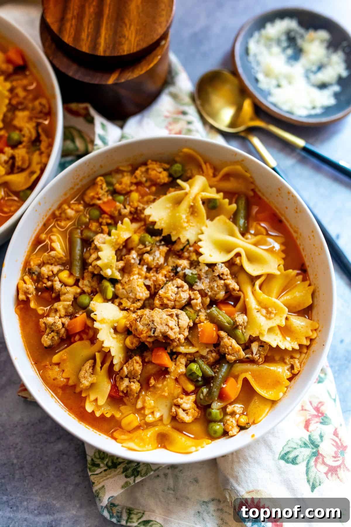 A close-up of a white bowl filled with steaming ground chicken soup, featuring clear broth, colorful vegetables, and tender ground chicken, elegantly presented on a rustic tea towel.