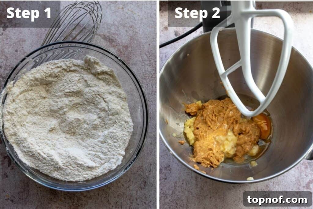 Peanut Butter Banana Dream Bread 4 Dry ingredients being mixed together in a bowl with a whisk for banana bread.