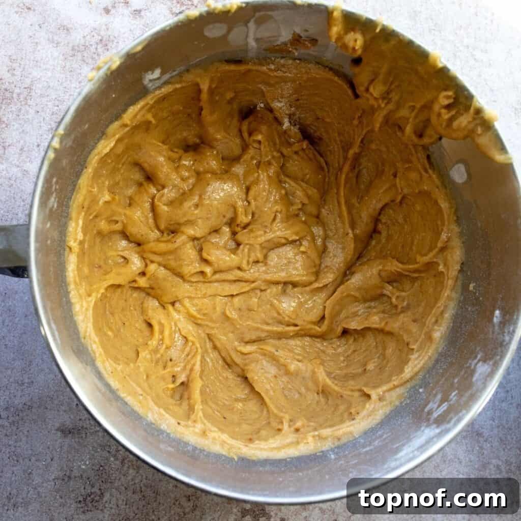Peanut Butter Banana Dream Bread 5 Peanut butter banana bread batter in a mixing bowl, showing the combined wet and dry ingredients, before being poured into the loaf pan.