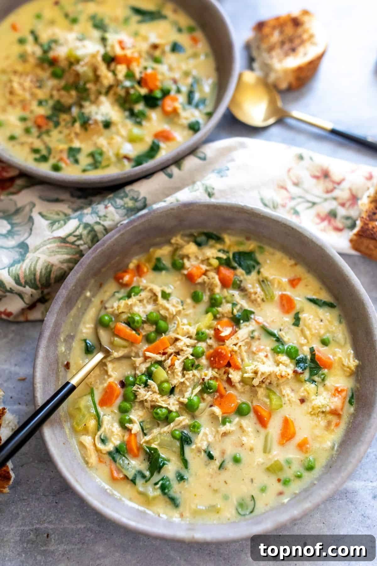 Velvety Chicken & Garden Vegetable Soup 2 Two grey ceramic bowls filled with rich creamy chicken and vegetable soup, garnished with fresh parsley. A elegant gold and black spoon rests beside one bowl, highlighting the soup's comforting texture.