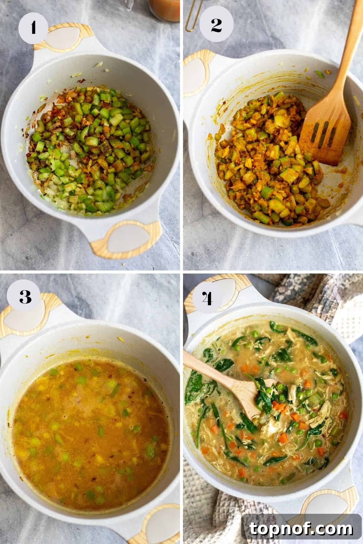 Velvety Chicken & Garden Vegetable Soup 4 A large grey Dutch oven on a stovetop, showing diced onions, carrots, and celery sautéing in olive oil, with a wooden spoon stirring the vegetables.