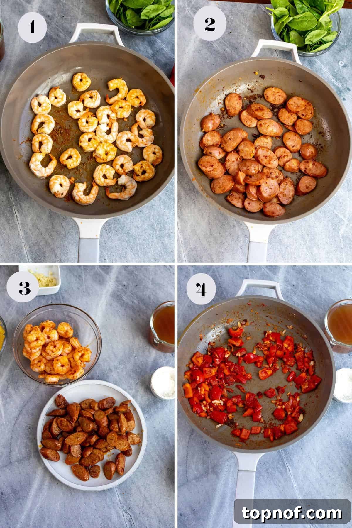 Cajun Kick Shrimp and Sausage Pasta 4 The initial cooking phase for Cajun shrimp and sausage pasta, showing seasoned shrimp and sliced Andouille sausage sizzling in a large, deep skillet, building foundational flavors.