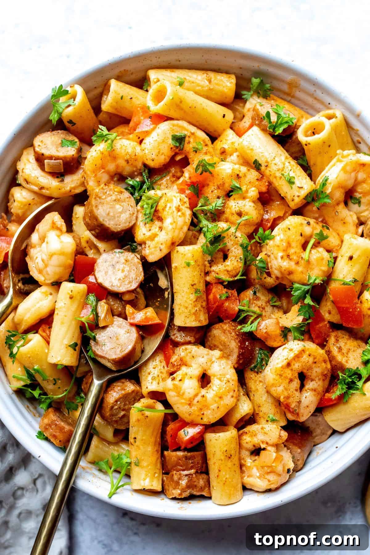 Cajun Kick Shrimp and Sausage Pasta 6 A large, inviting white bowl filled to the brim with creamy Cajun shrimp and sausage pasta, ready to be enjoyed as a hearty and flavorful meal.