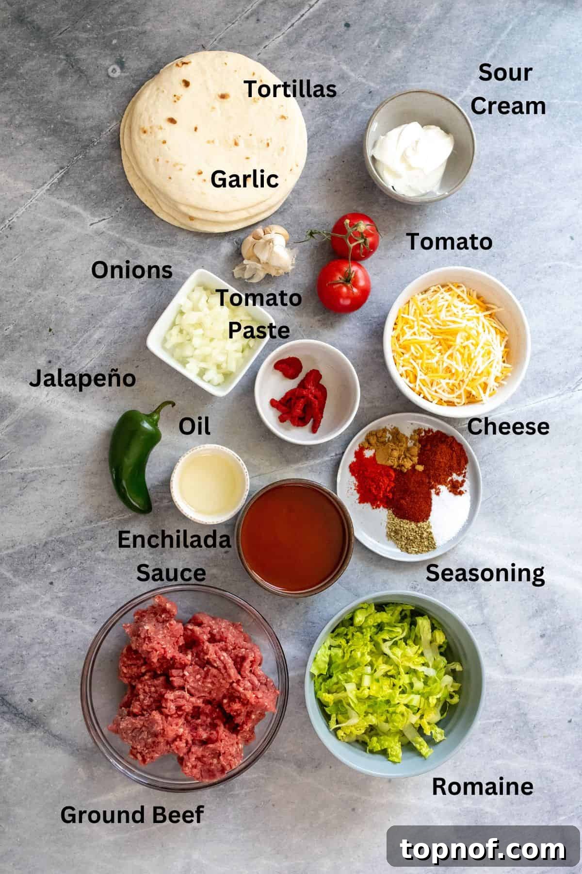 Flavorful Ground Beef Soft Tacos 3 Ingredients needed to make beef soft tacos on a counter with text labels.