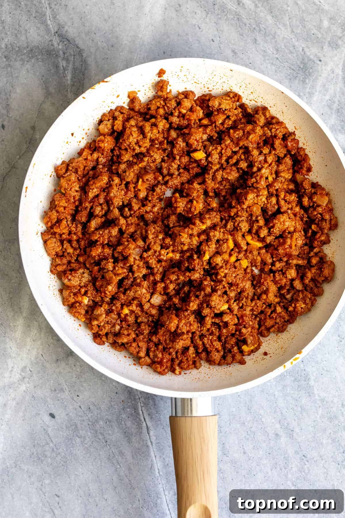 Flavorful Ground Beef Soft Tacos 4 Skillet with ground beef mixture in it.