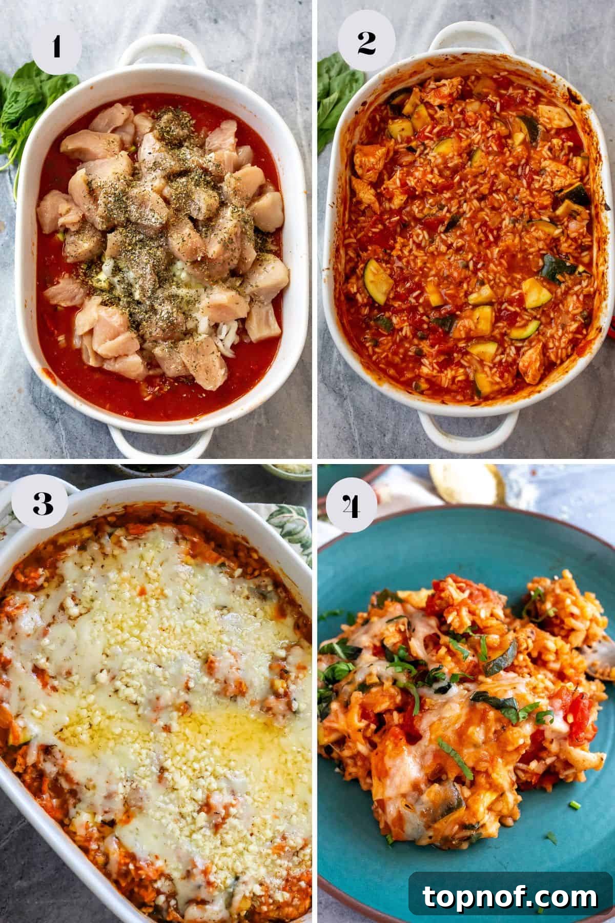 Savory Chicken Tomato Bake 4 Large white casserole dish filled with veggies, sauce and chicken. A generously sized white casserole dish, brimming with a colorful mixture of chopped vegetables, rich marinara sauce, and tender pieces of chicken, all prepped and ready for baking.