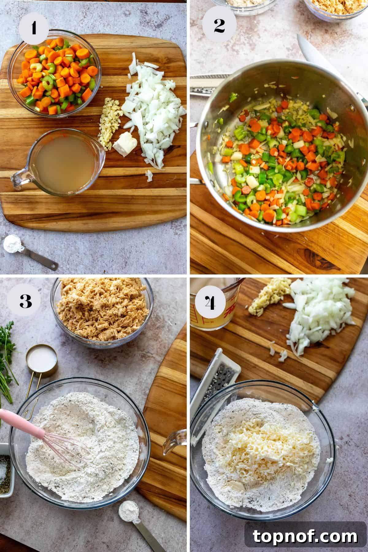 Melted butter in a large pot with chopped onions, carrots, and celery beginning to soften, releasing their aromas.