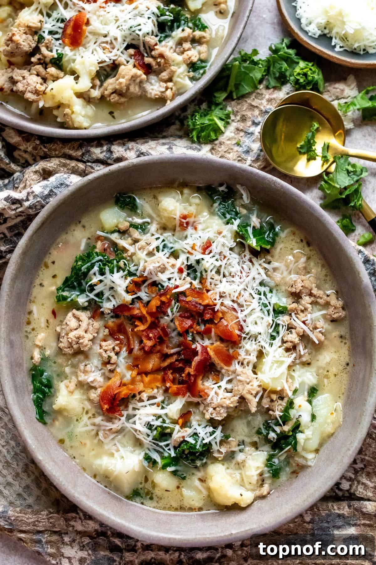 Slimmed-Down Slow Cooker Zuppa Toscana 2 Grey pottery bowls filled with creamy Zuppa Toscana soup, topped with crispy bacon and fresh parsley, served with a gold spoon.