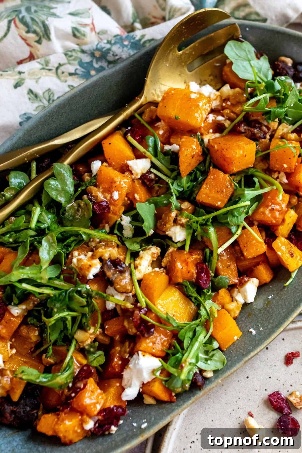 A beautifully plated Butternut Squash Feta Salad with roasted squash, crumbled feta, and fresh greens.