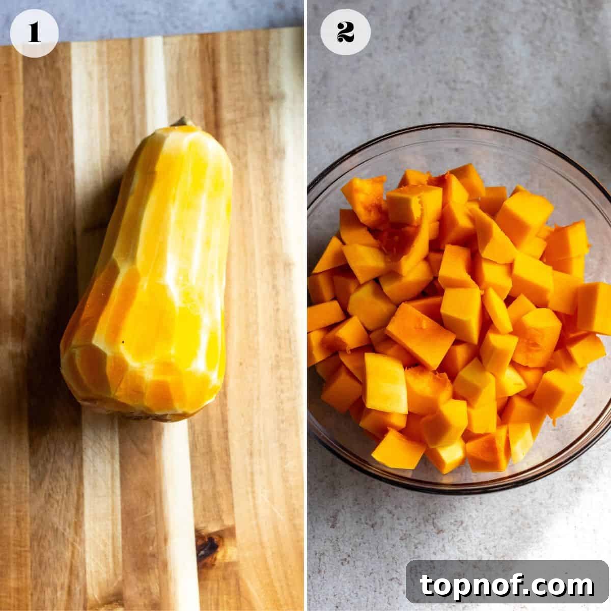 Butternut squash being cut into cubes on a cutting board, preparing for roasting.