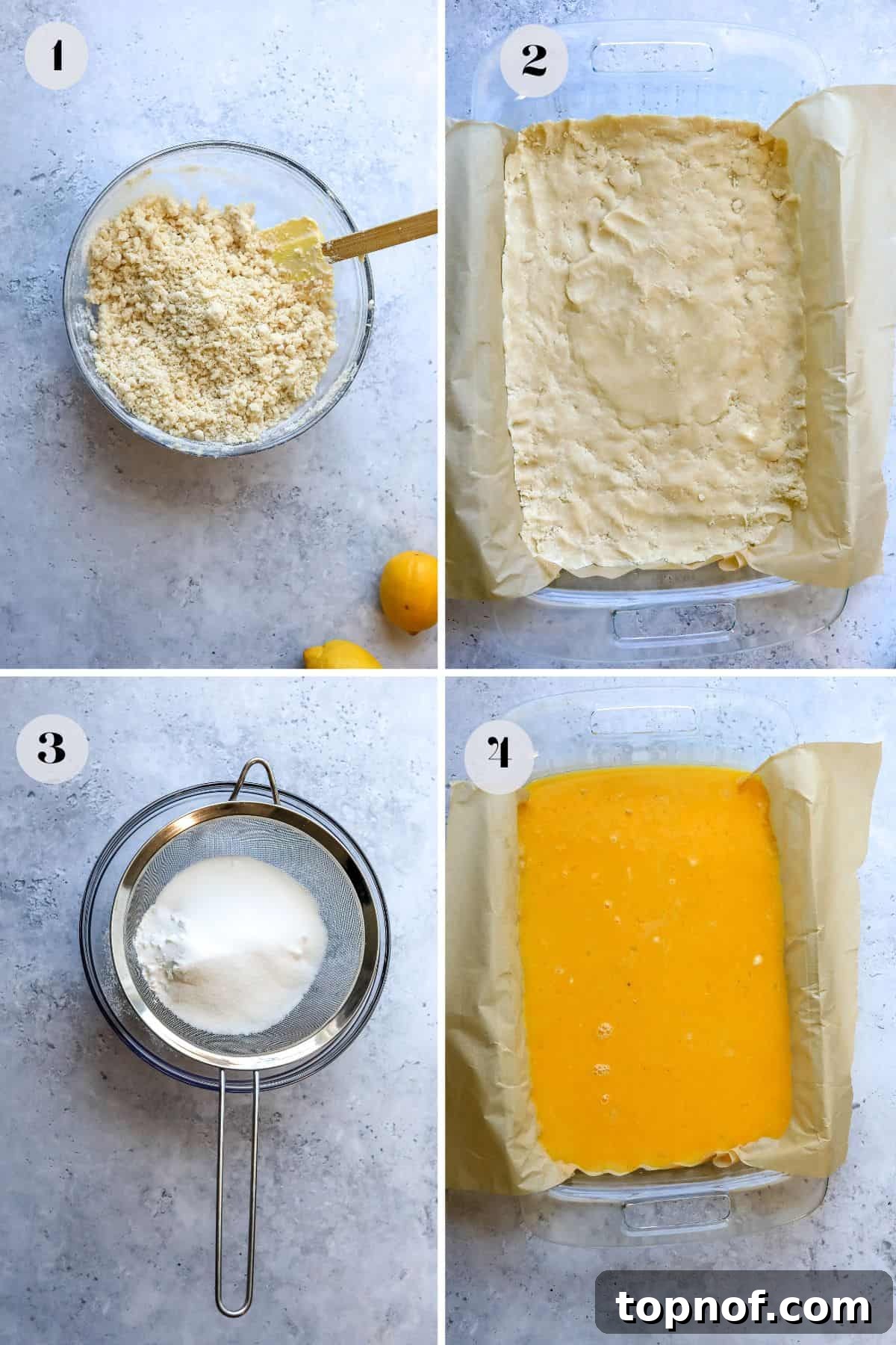 Three glass bowls on a counter showing the progressive steps of making lemon cookie bars: butter and sugar, flour added, and the lemon curd mixture.