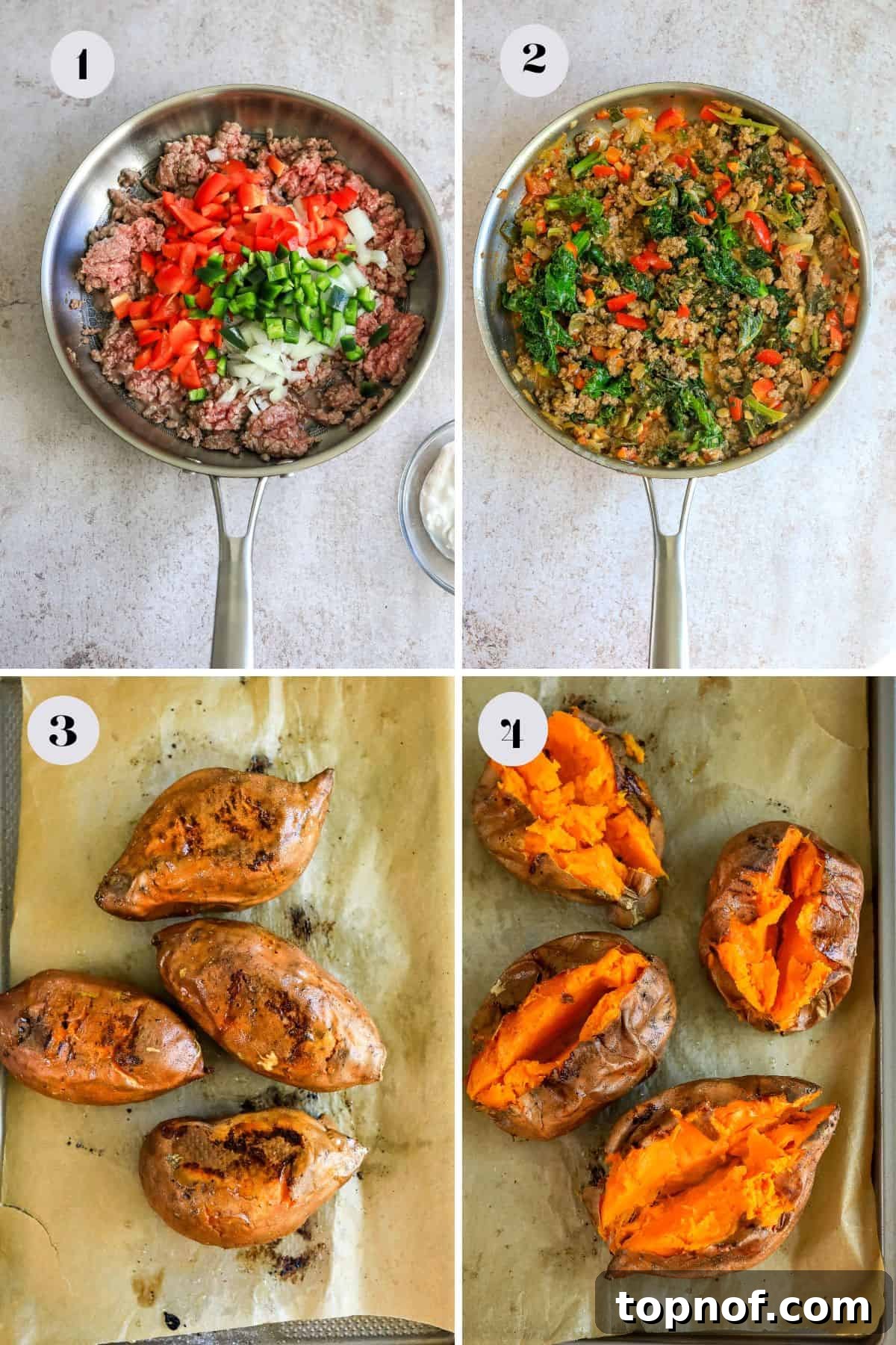Savory Beef Sweet Potato Boats 4 All the steps to make the mexican stuffed sweet potatoes in a skillet and on a baking sheet, illustrating the cooking process.