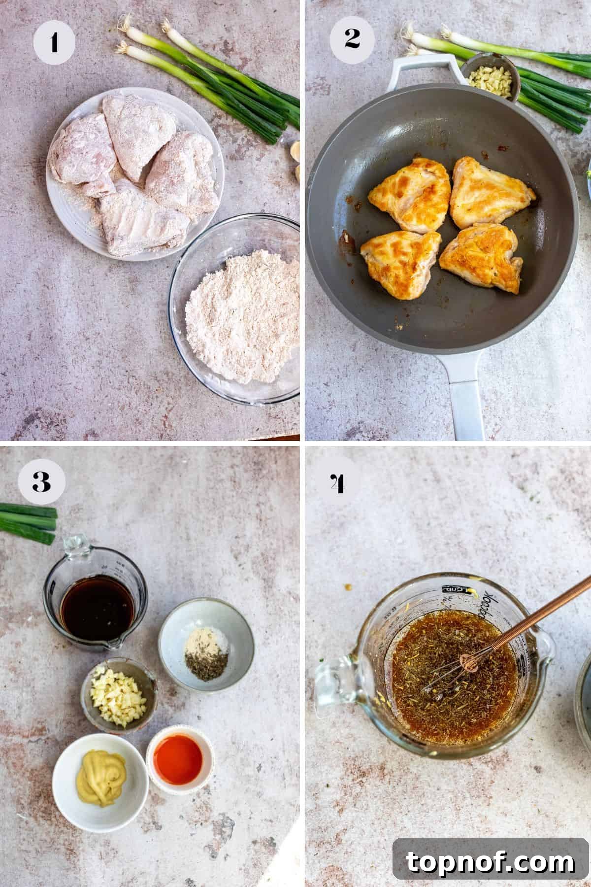 Maple Glazed Chicken 4 Steps to make the recipe in a grey skillet,