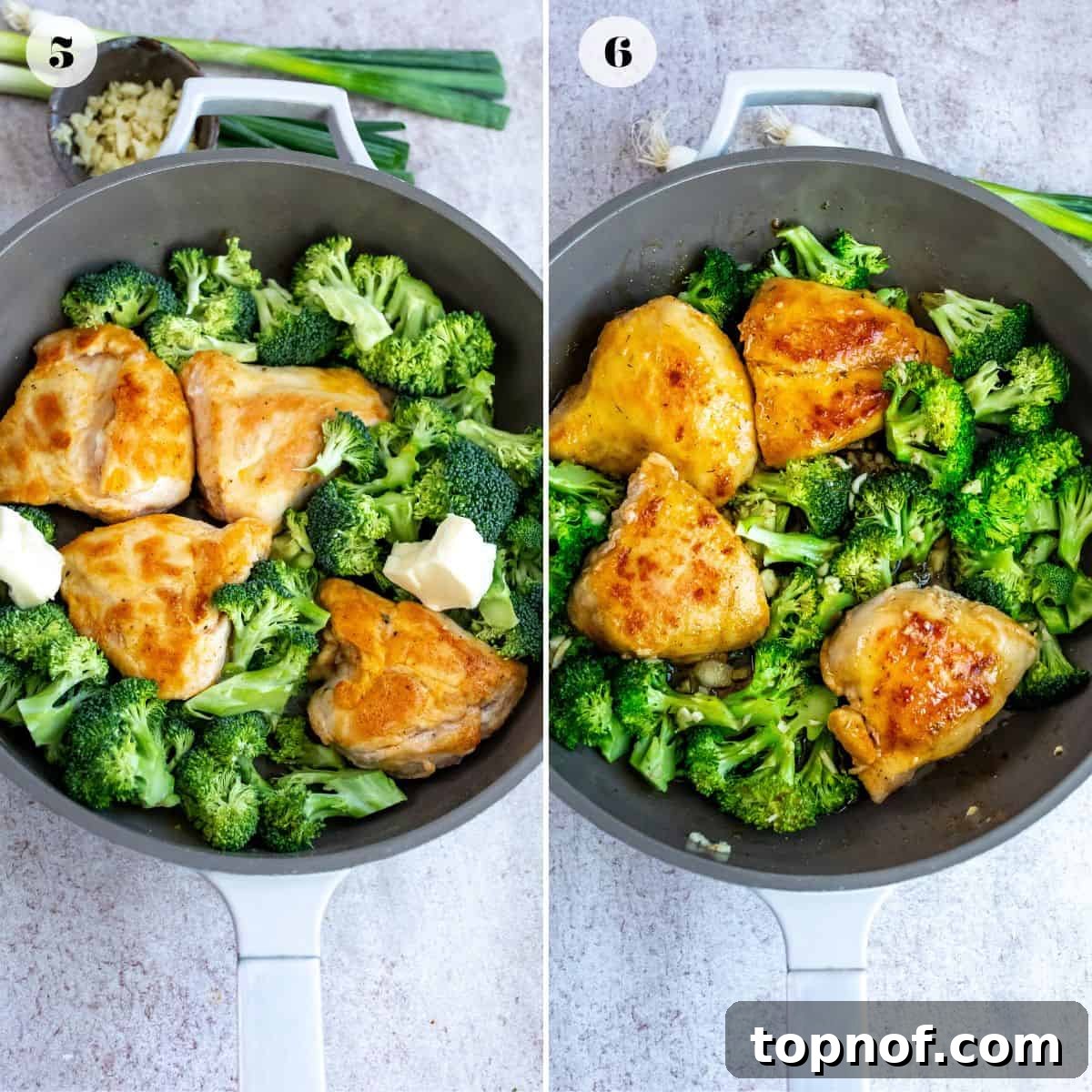 Maple Glazed Chicken 5 Grey skillet with chicken and broccoli in it.