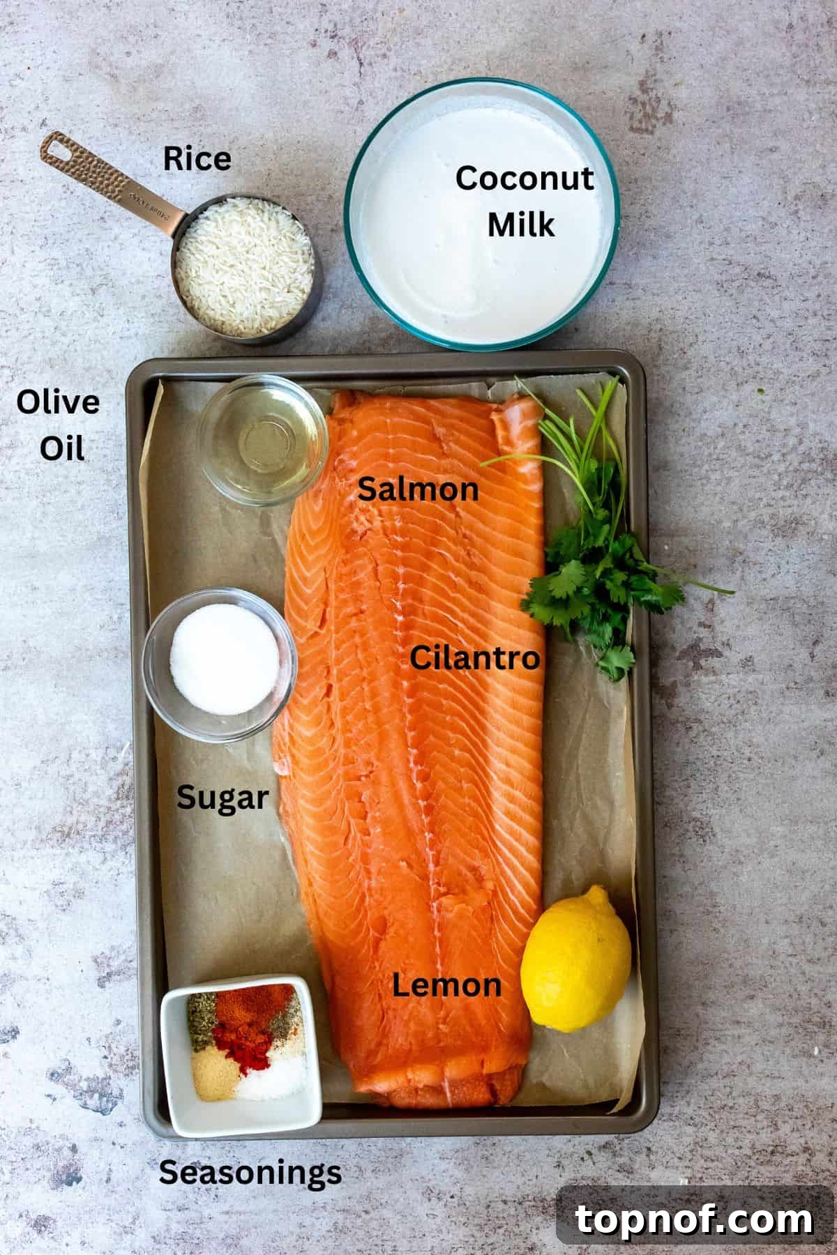 Zesty Baked Blackened Salmon 3 Ingredients needed on a cooking sheet and in small dishes.