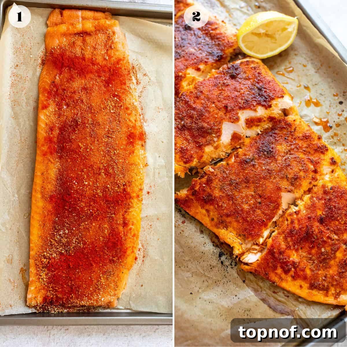 Zesty Baked Blackened Salmon 4 Steps to make salmon on a baking sheet with parchment paper.