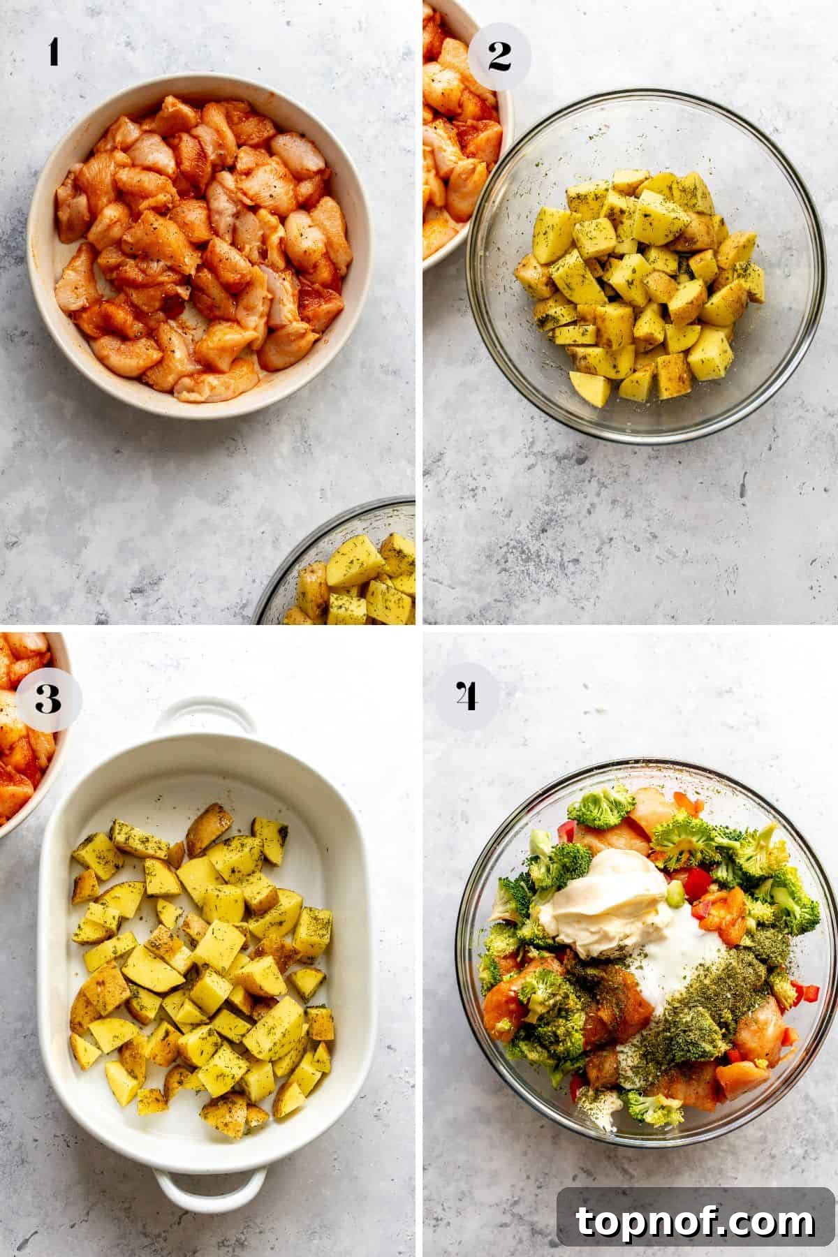 Hearty Chicken Broccoli Potato Bake 4 Steps to make the recipe in glass bowls.
