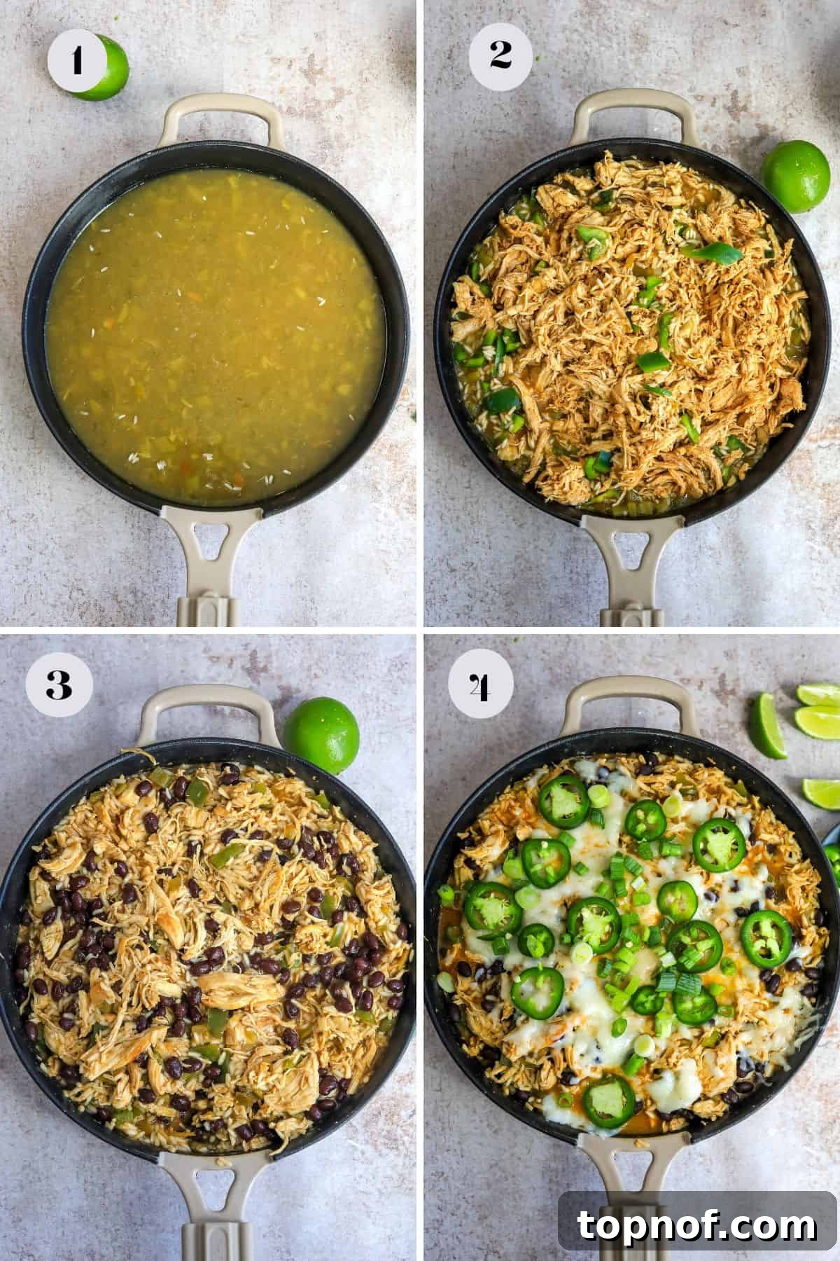 One-Pan Southwest Chicken Fiesta 4 A cast iron skillet containing the Southwest chicken and rice mixture, showing the steps of cooking with colorful bell peppers and jalapeños visible.