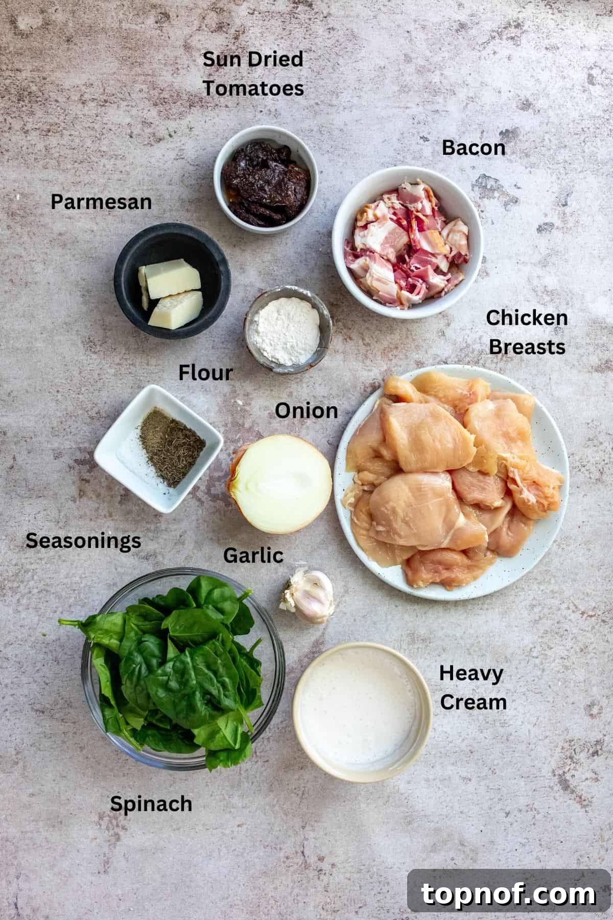 Creamy Tuscan Chicken Skillet 3 A selection of fresh ingredients including chicken breasts, sun-dried tomatoes, spinach, garlic, onion, and herbs, arranged on a rustic wooden board.