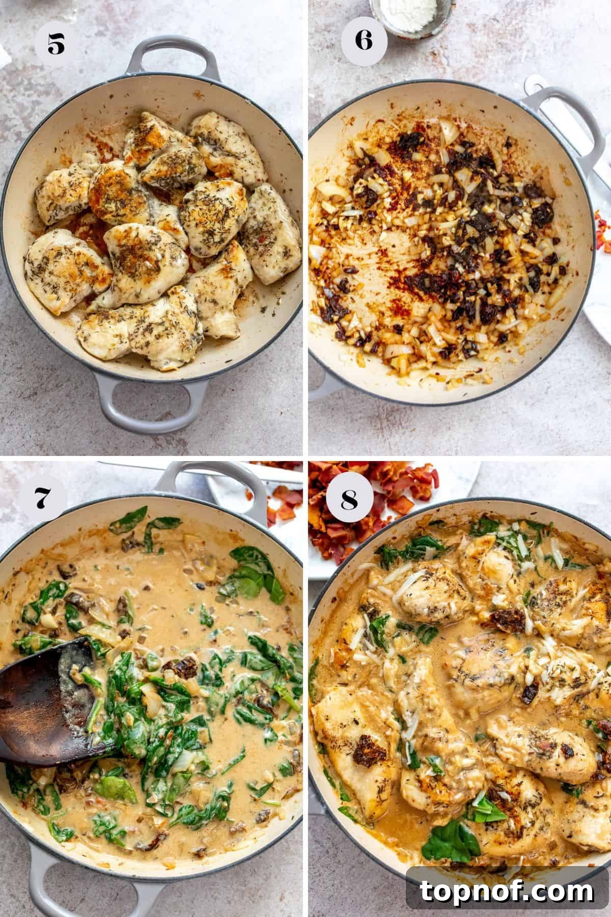 Creamy Tuscan Chicken Skillet 5 A skillet filled with creamy sauce, sun-dried tomatoes, and spinach, ready for chicken.