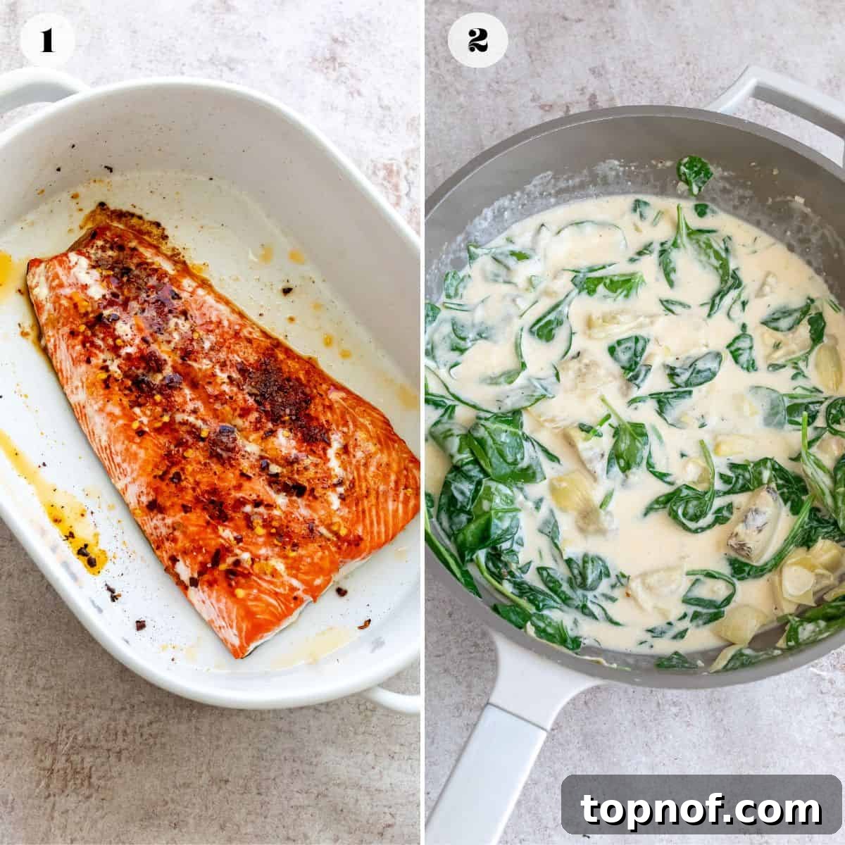 Lemon Herb Salmon Pasta Bake 4 Salmon in a white ceramic baking dish and a skillet with ingredients for the sauce.
