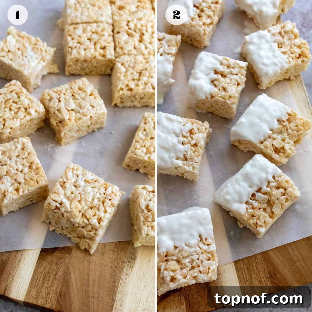 A sequence of images demonstrating the step-by-step process of making Rice Krispie treats, from mixing ingredients in a pot to pressing them into a parchment-lined dish, captured on parchment paper.