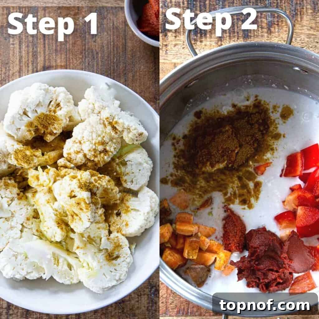 Spiced Cauliflower and Potato Curry 5 Initial steps for preparing the cauliflower and sweet potato coconut curry, showing ingredients prepped.