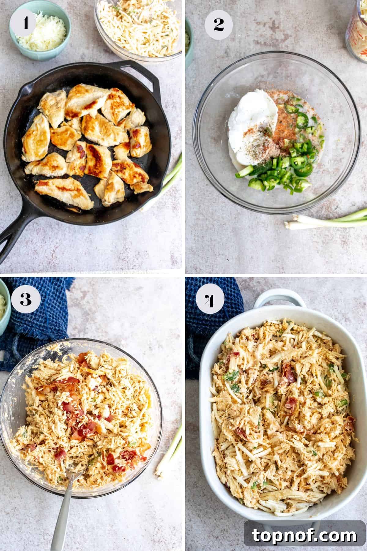 Hearty Chicken Hash Brown Bake 4 A series of images showing the preparation stages of the casserole, from shredded chicken and potatoes to the mixed ingredients in a white baking dish.