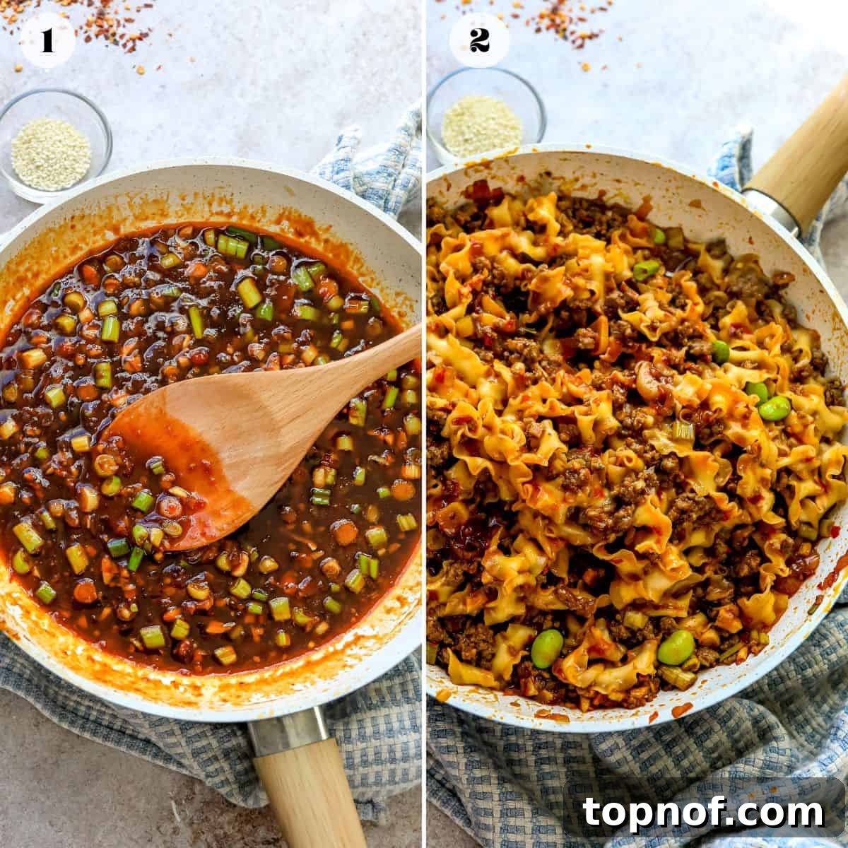 Steps to make this recipe in a white skillet with a wooden spoon. 