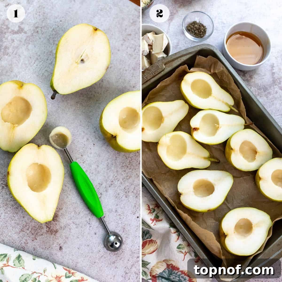 Sweet and Savory Brie Baked Pears 4 A visual step-by-step guide illustrating the preparation of cheese-filled baked pears, from initial pear preparation and scooping to the arrangement on a baking sheet, and the final baked product with melted cheese and toasted nuts.