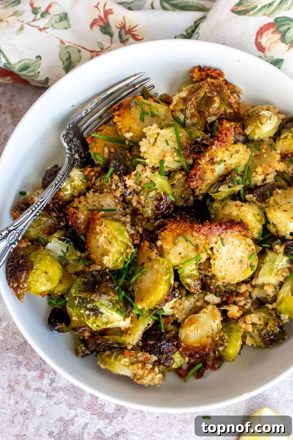 Crispy Parmesan Brussels Sprouts 2 Deliciously golden and crispy Parmesan Crusted Brussels Sprouts, ready to be served.